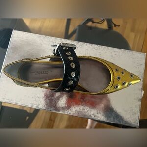Bottega Veneta Mary Jane flats. Gold leather. Suede top strap. New with a box
